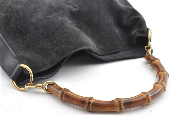 Authentic GUCCI Bamboo 2Way Hand Shoulder Bag Suede Leather Junk Black 1857G