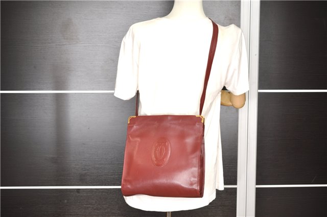 Authentic Cartier Must de Cartier Leather Shoulder Bag Purse Bordeaux Red 1862G