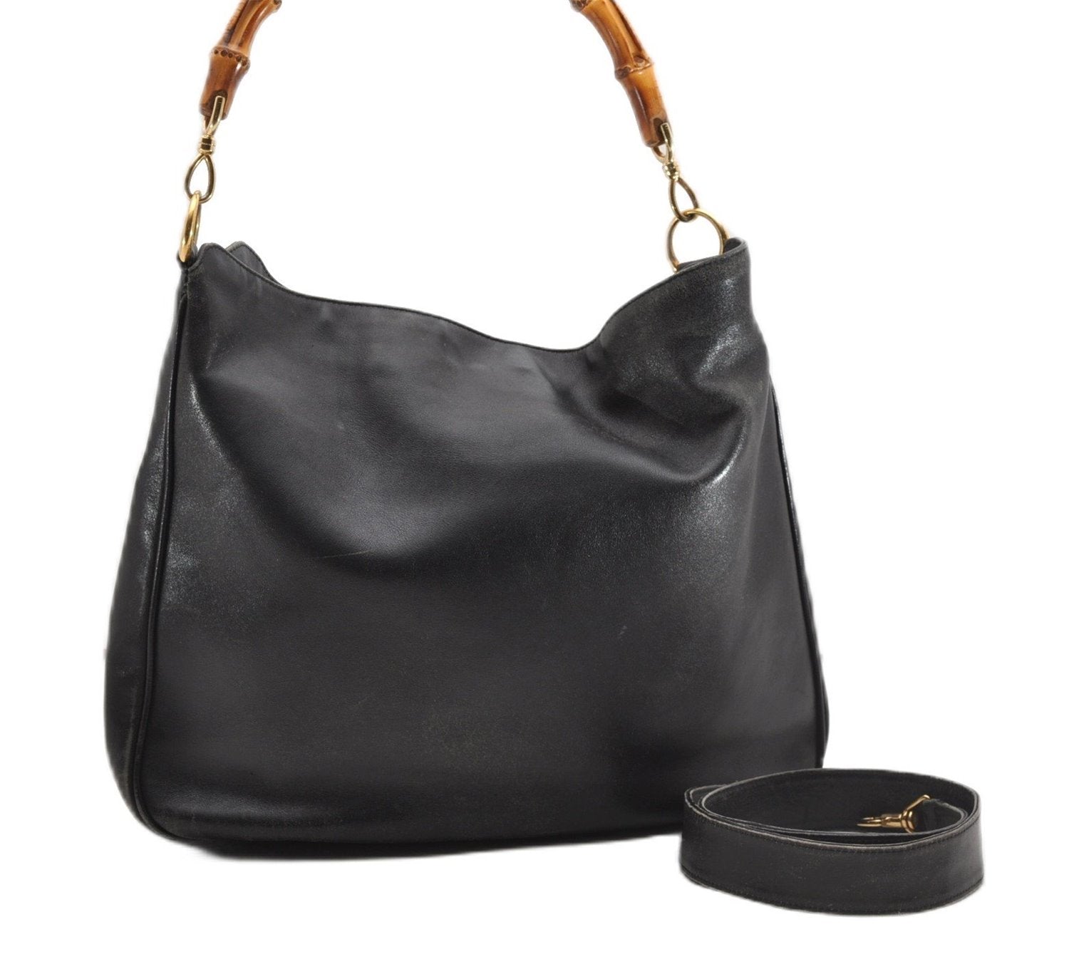 Authentic GUCCI Bamboo Vintage 2Way Shoulder Bag Leather Black Junk 1873G