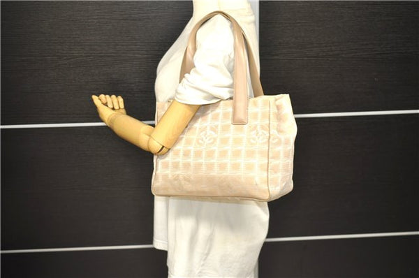 Authentic CHANEL New Travel Line Shoulder Hand Bag Nylon Leather Beige 1883D