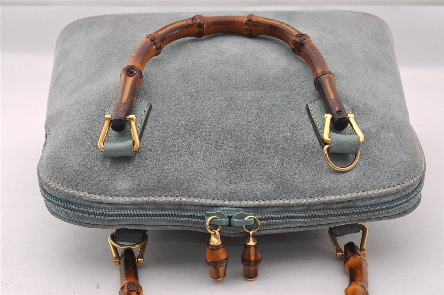 Authentic GUCCI Bamboo 2way Hand Shoulder Crossbody Bag Suede Leather Blue 1883I