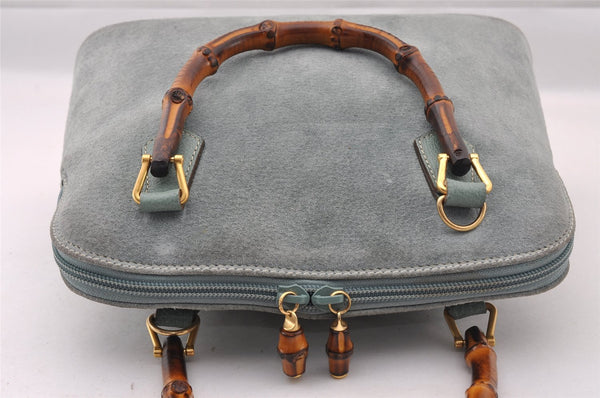 Authentic GUCCI Bamboo 2way Hand Shoulder Crossbody Bag Suede Leather Blue 1883I
