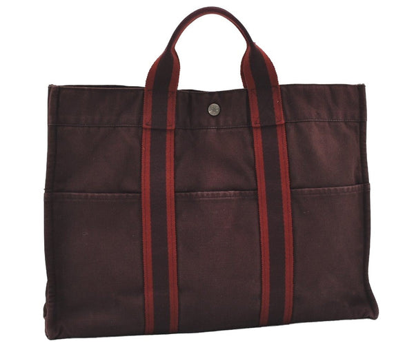 Authentic HERMES Fourre Tout MM Vintage Hand Tote Bag Canvas Wine Red 1892I