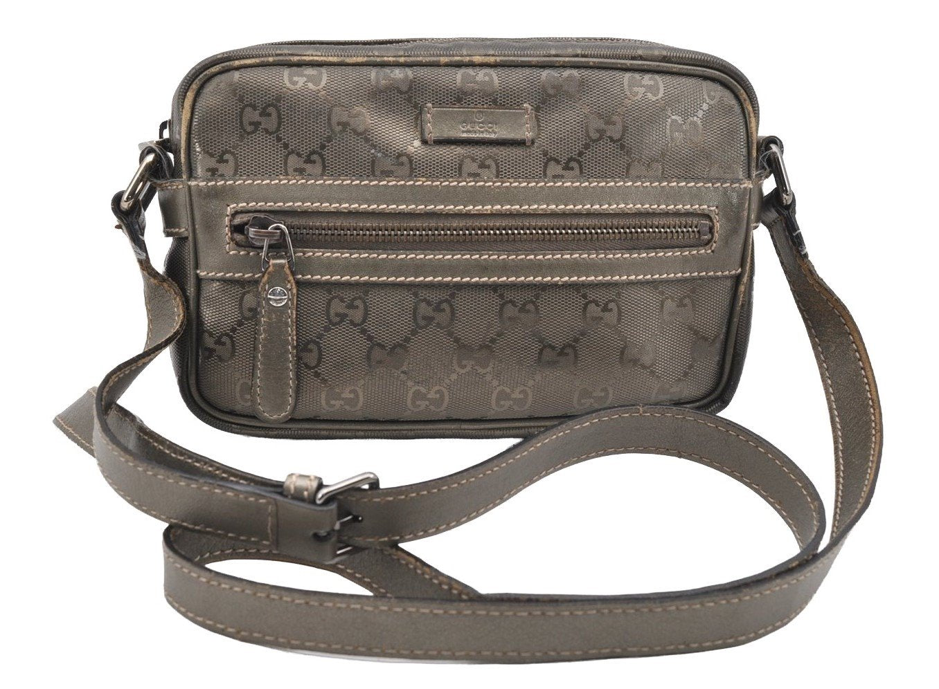 Authentic GUCCI Impreme Shoulder Cross Bag GG PVC Leather 201447 Khaki 1893I
