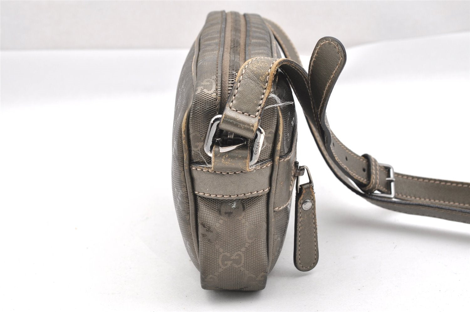 Authentic GUCCI Impreme Shoulder Cross Bag GG PVC Leather 201447 Khaki 1893I