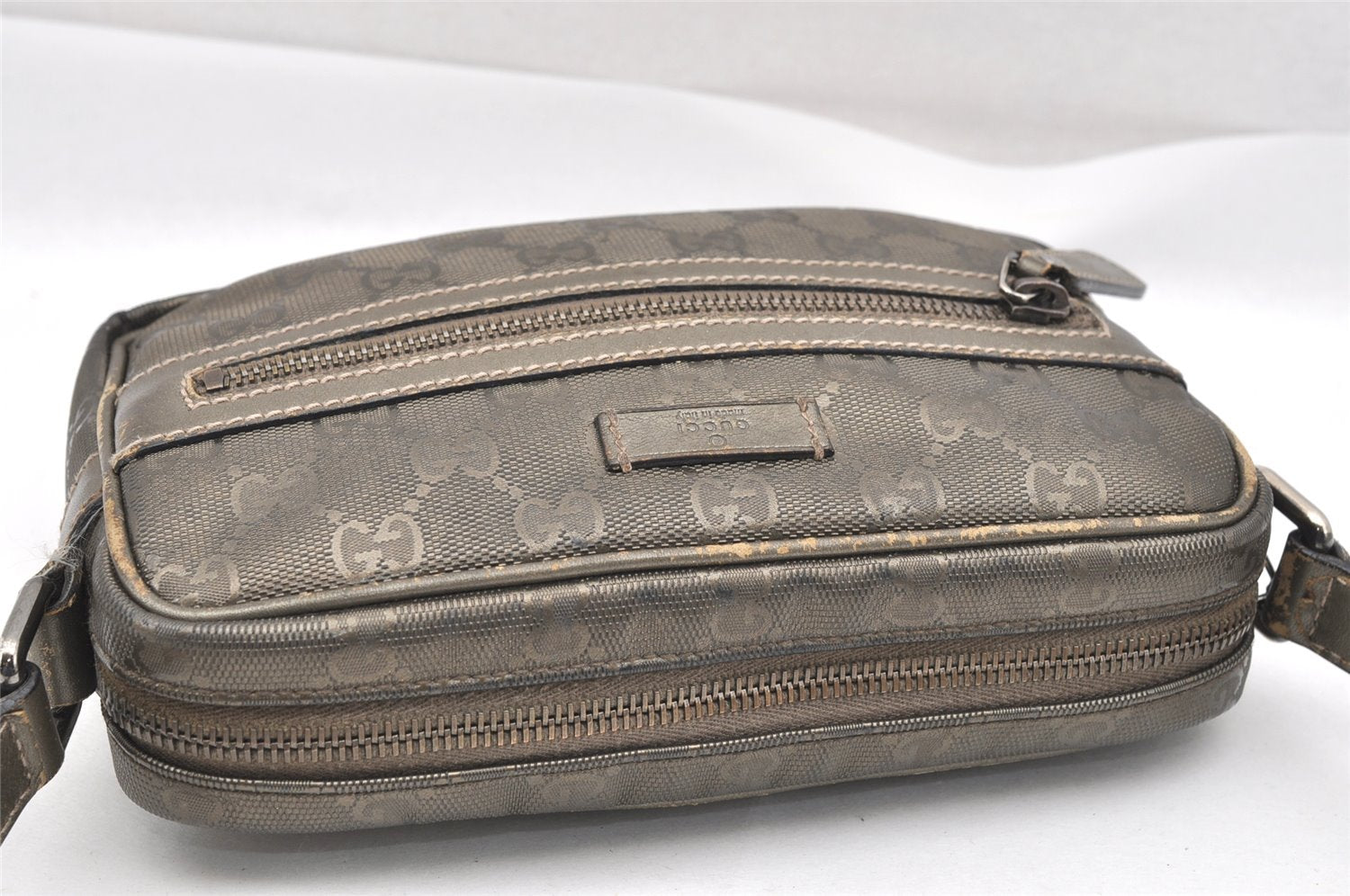 Authentic GUCCI Impreme Shoulder Cross Bag GG PVC Leather 201447 Khaki 1893I