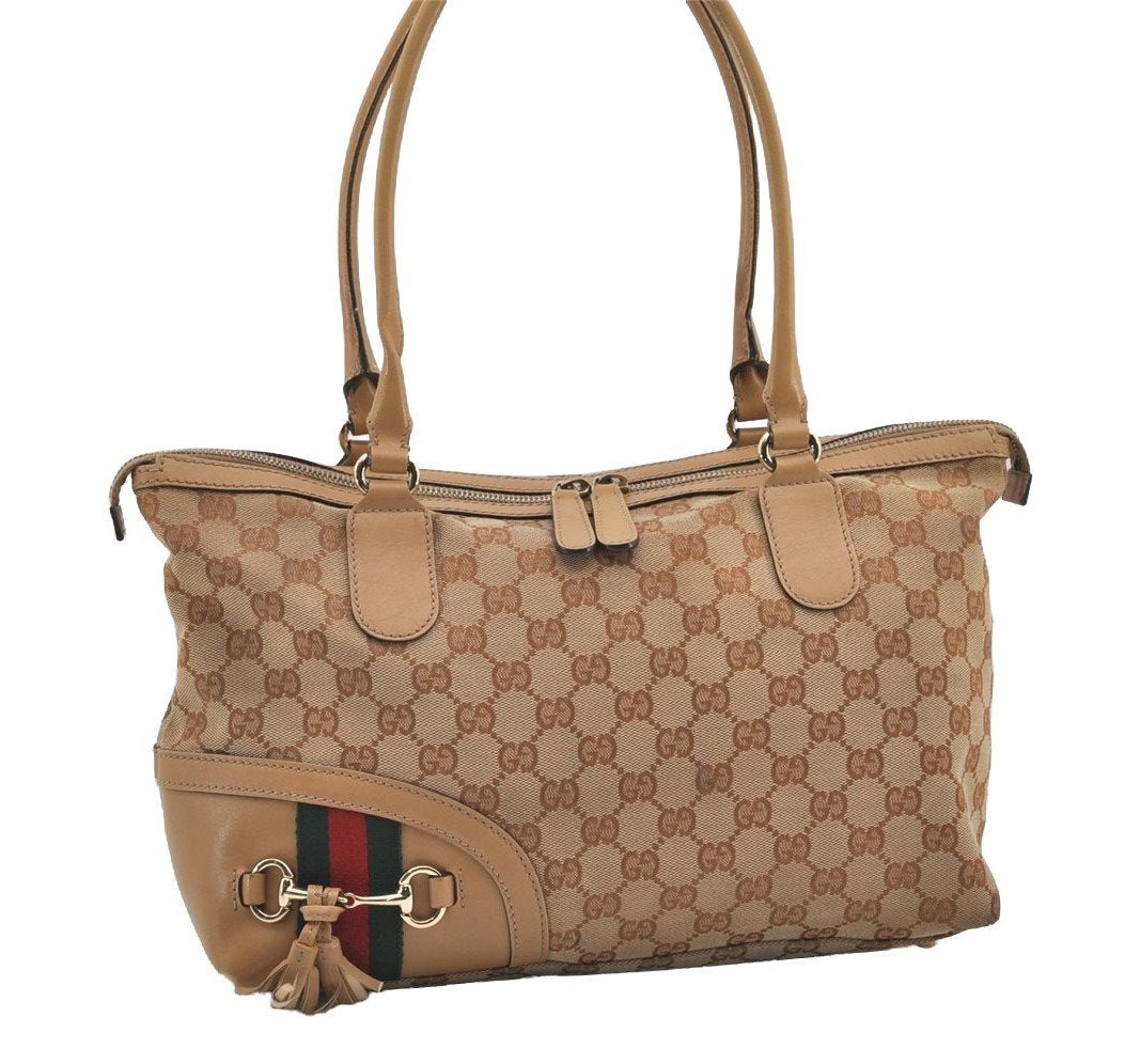 Auth GUCCI Web Sherry Line Horsebit Shoulder Bag GG Canvas Leather Beige 1894I