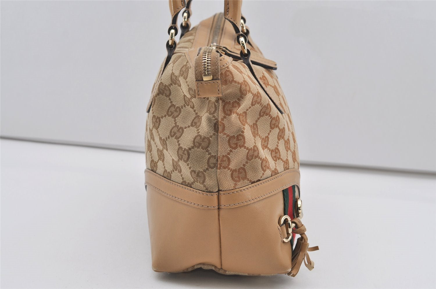 Auth GUCCI Web Sherry Line Horsebit Shoulder Bag GG Canvas Leather Beige 1894I