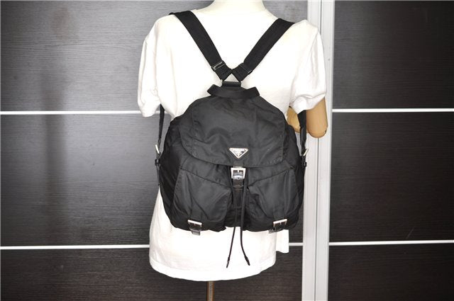 Authentic PRADA Vintage Nylon Tessuto Leather Backpack Purse Black 1896G