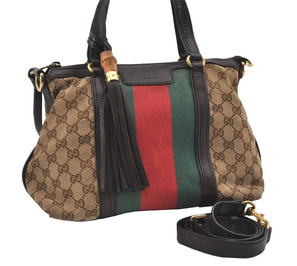 Auth GUCCI Web Sherry Line Bamboo 2Way Hand Bag GG Canvas Leather Brown 1898I