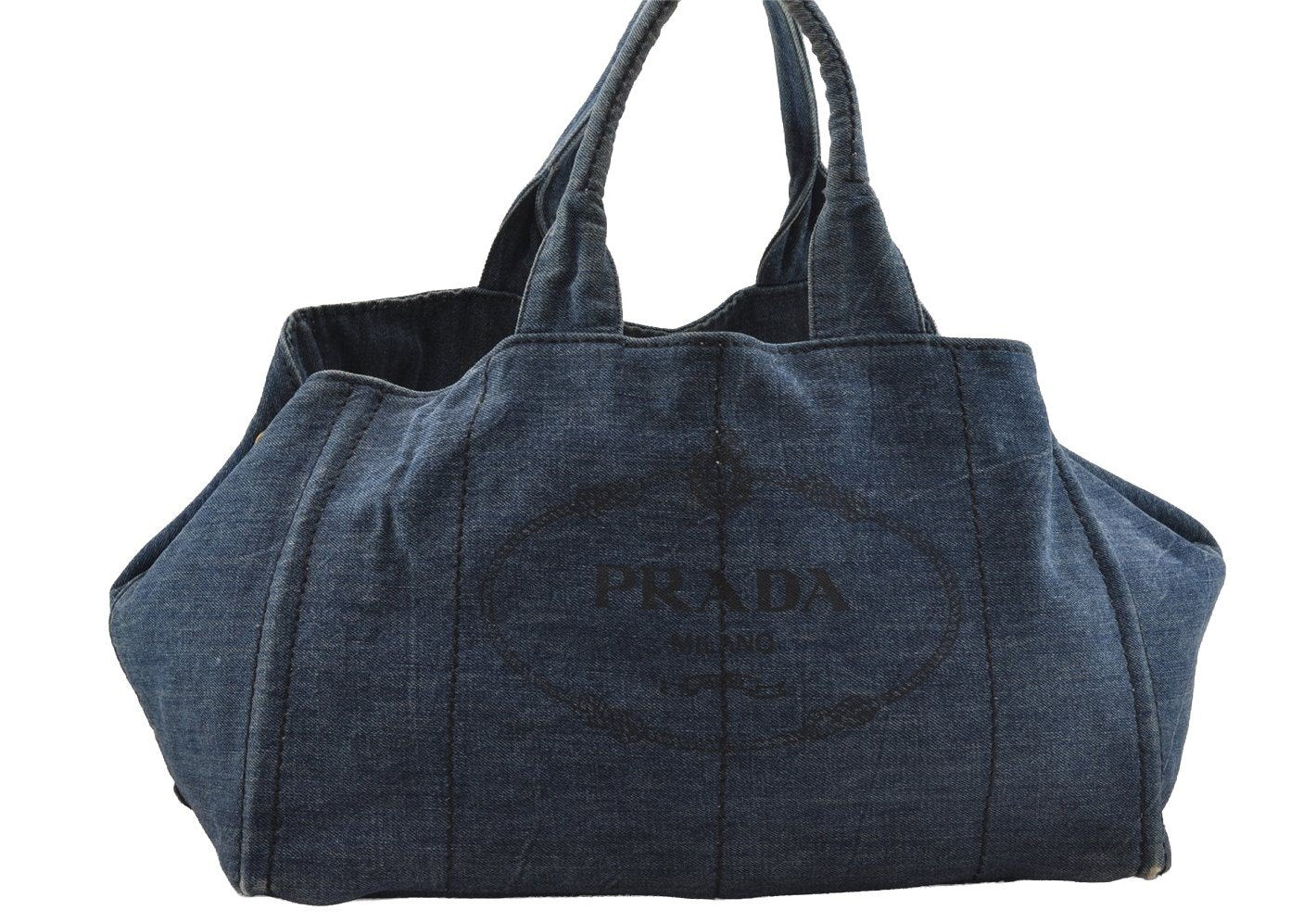 Authentic PRADA Canapa L Canvas Tote Hand Bag Denim Blue 1899I