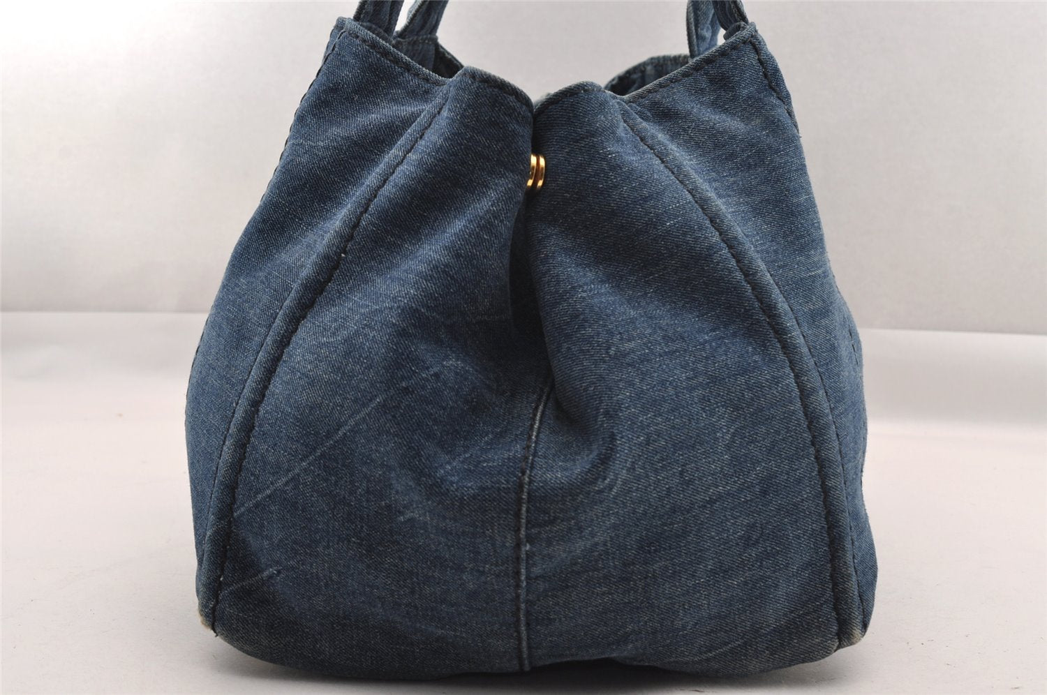 Authentic PRADA Canapa L Canvas Tote Hand Bag Denim Blue 1899I