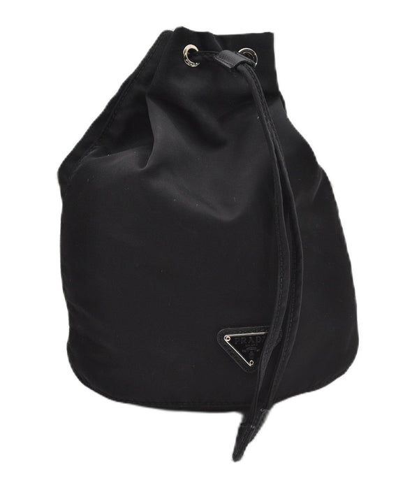 Authentic PRADA Nylon Tessuto Saffiano Leather Drawstring Bag Purse Black 1901G