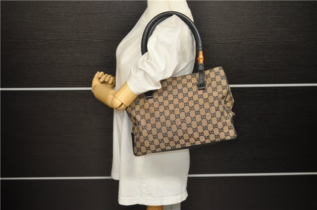 Authentic GUCCI Bamboo Tote Hand Bag GG Canvas Leather 112526 Black 1905D