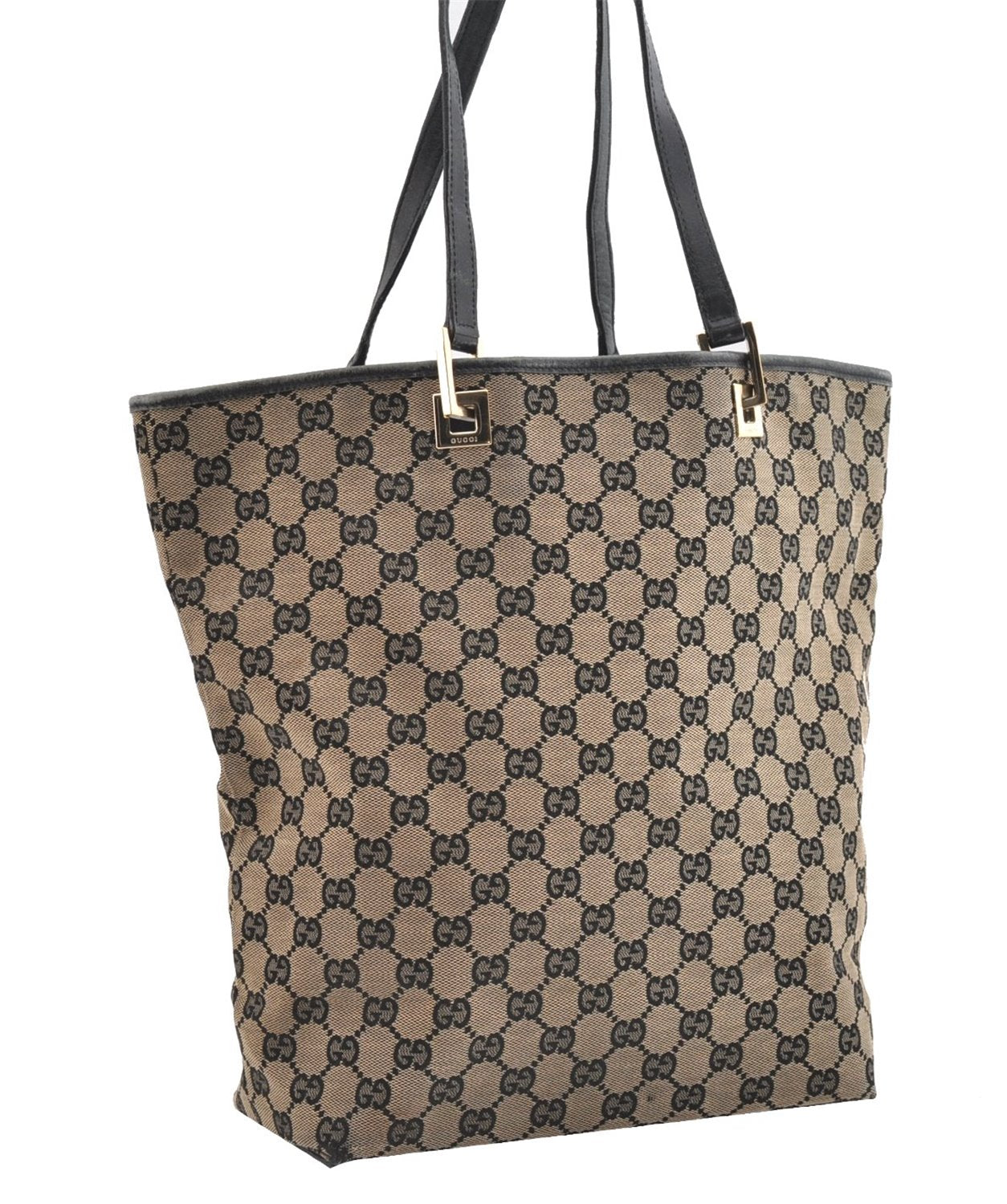 Authentic GUCCI Vintage Shoulder Tote Bag GG Canvas Leather 0021098 Black 1909G