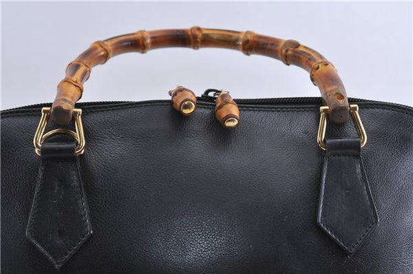 Authentic GUCCI Vintage Bamboo Hand Shoulder Bag Leather Black 1910D