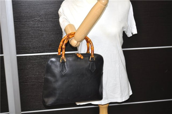 Authentic GUCCI Vintage Bamboo Hand Shoulder Bag Leather Black 1910D