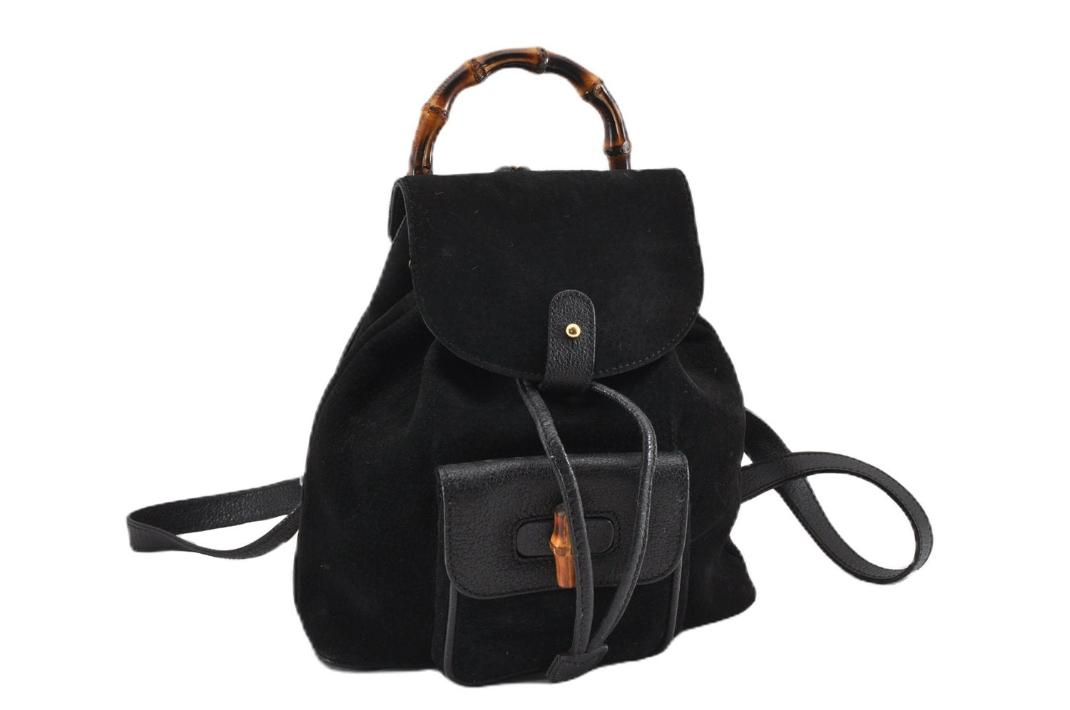 Authentic GUCCI Bamboo Vintage Backpack Purse Suede Leather Black 1914G