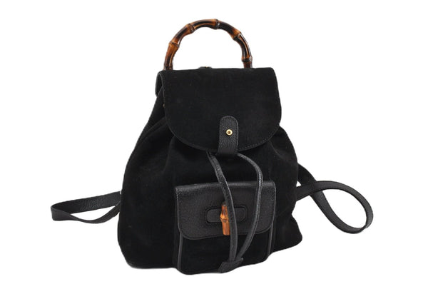 Authentic GUCCI Bamboo Vintage Backpack Purse Suede Leather Black 1914G