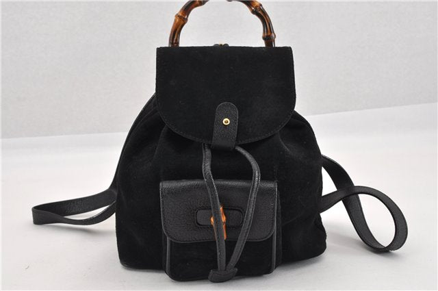 Authentic GUCCI Bamboo Vintage Backpack Purse Suede Leather Black 1914G