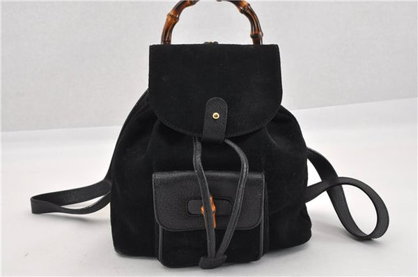 Authentic GUCCI Bamboo Vintage Backpack Purse Suede Leather Black 1914G
