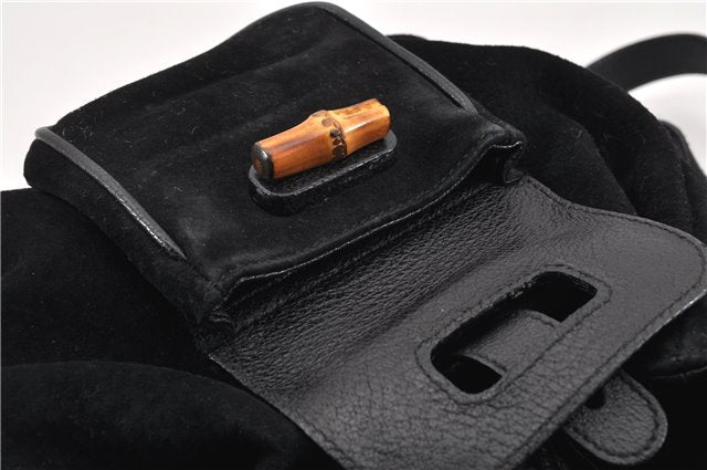 Authentic GUCCI Bamboo Vintage Backpack Purse Suede Leather Black 1914G