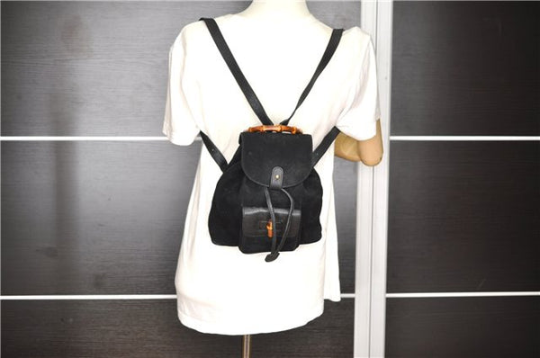 Authentic GUCCI Bamboo Vintage Backpack Purse Suede Leather Black 1914G