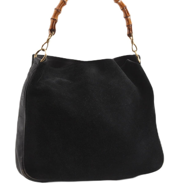 Authentic GUCCI Bamboo Vintage Shoulder Hand Bag Suede Leather Black 1927G