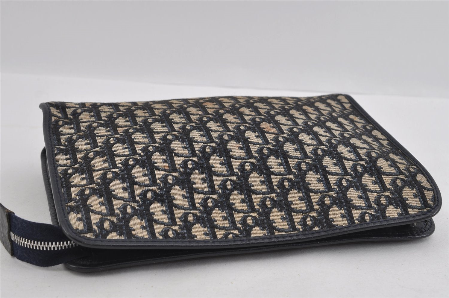 Authentic Christian Dior Trotter Clutch Bag Purse Canvas Leather Blue 1927I