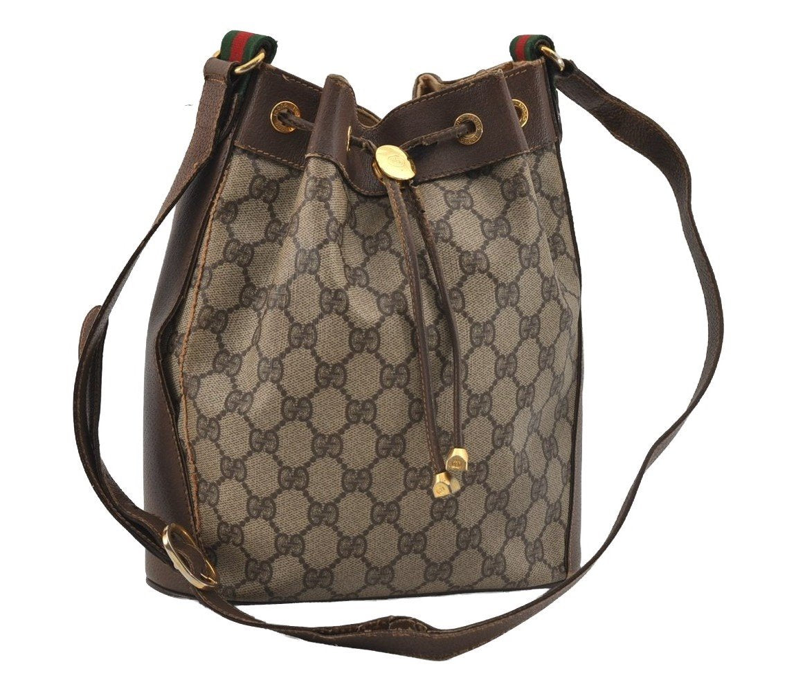 Authentic GUCCI Web Sherry Line Drawstring Bag GG PVC Leather Brown 1929I