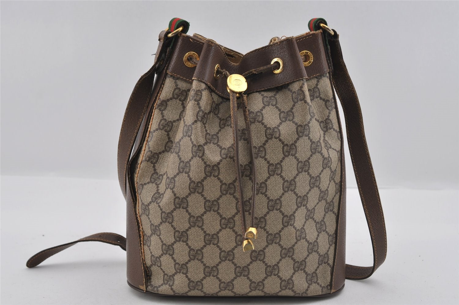 Authentic GUCCI Web Sherry Line Drawstring Bag GG PVC Leather Brown 1929I