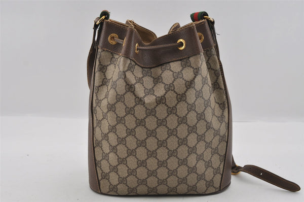 Authentic GUCCI Web Sherry Line Drawstring Bag GG PVC Leather Brown 1929I