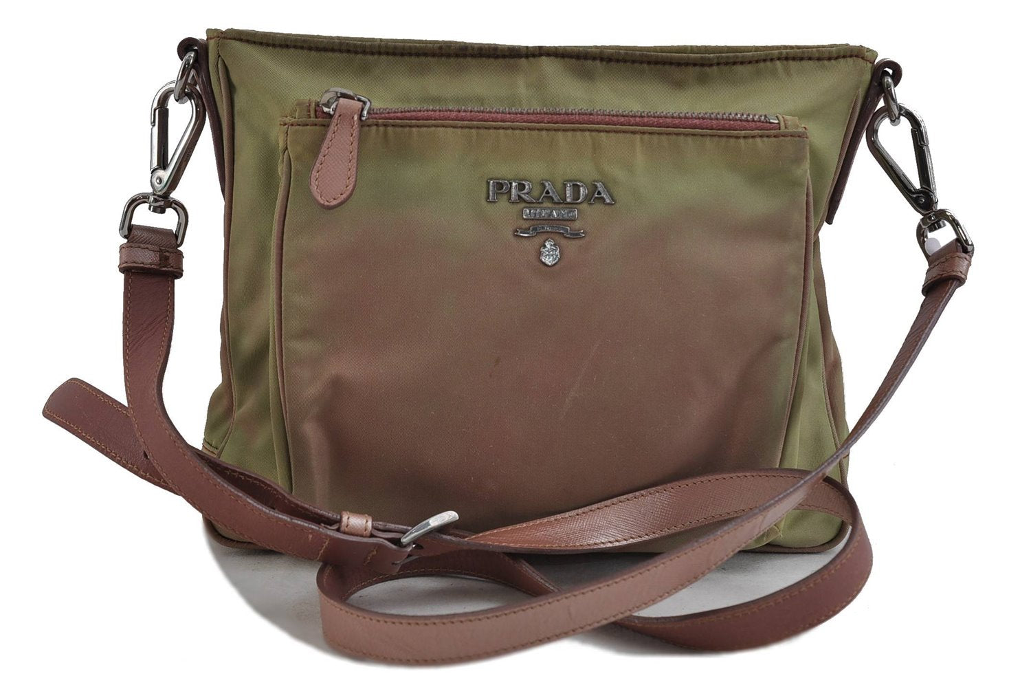 Authentic PRADA Nylon Leather Shoulder Cross Body Bag Khaki Light Purple 1940D