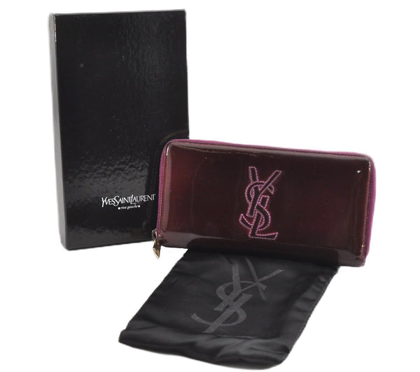 Authentic YVES SAINT LAURENT Zip Long Wallet Enamel 177555 Wine Red Box 1948G