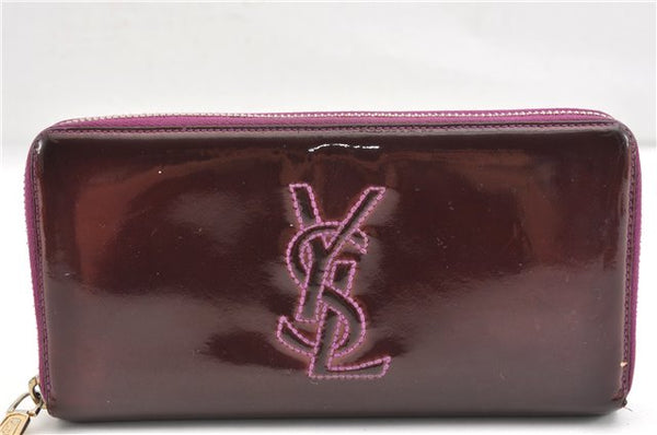 Authentic YVES SAINT LAURENT Zip Long Wallet Enamel 177555 Wine Red Box 1948G