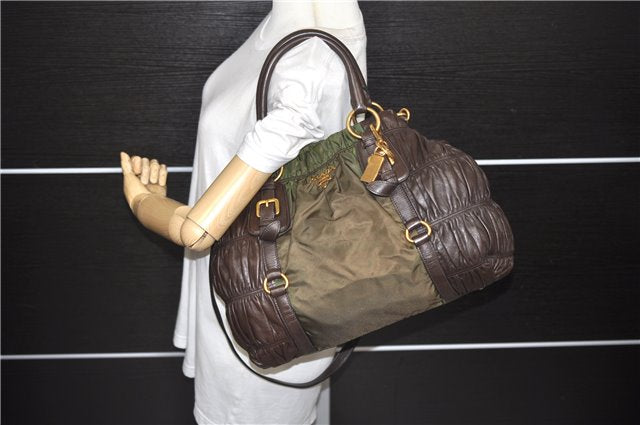 Authentic PRADA Nylon Leather 2Way Shoulder Hand Bag BN1793 Khaki Brown 1954D