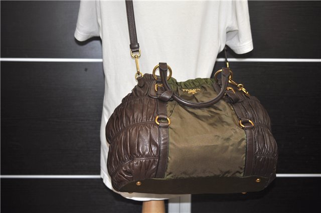 Authentic PRADA Nylon Leather 2Way Shoulder Hand Bag BN1793 Khaki Brown 1954D