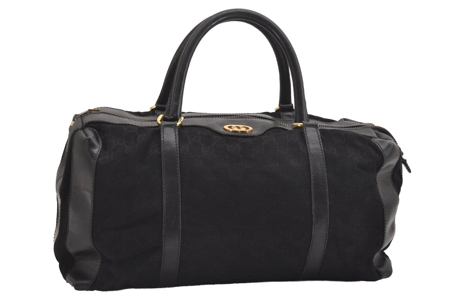 Authentic GUCCI Vintage Hand Boston Bag GG Canvas Leather Black 1957I