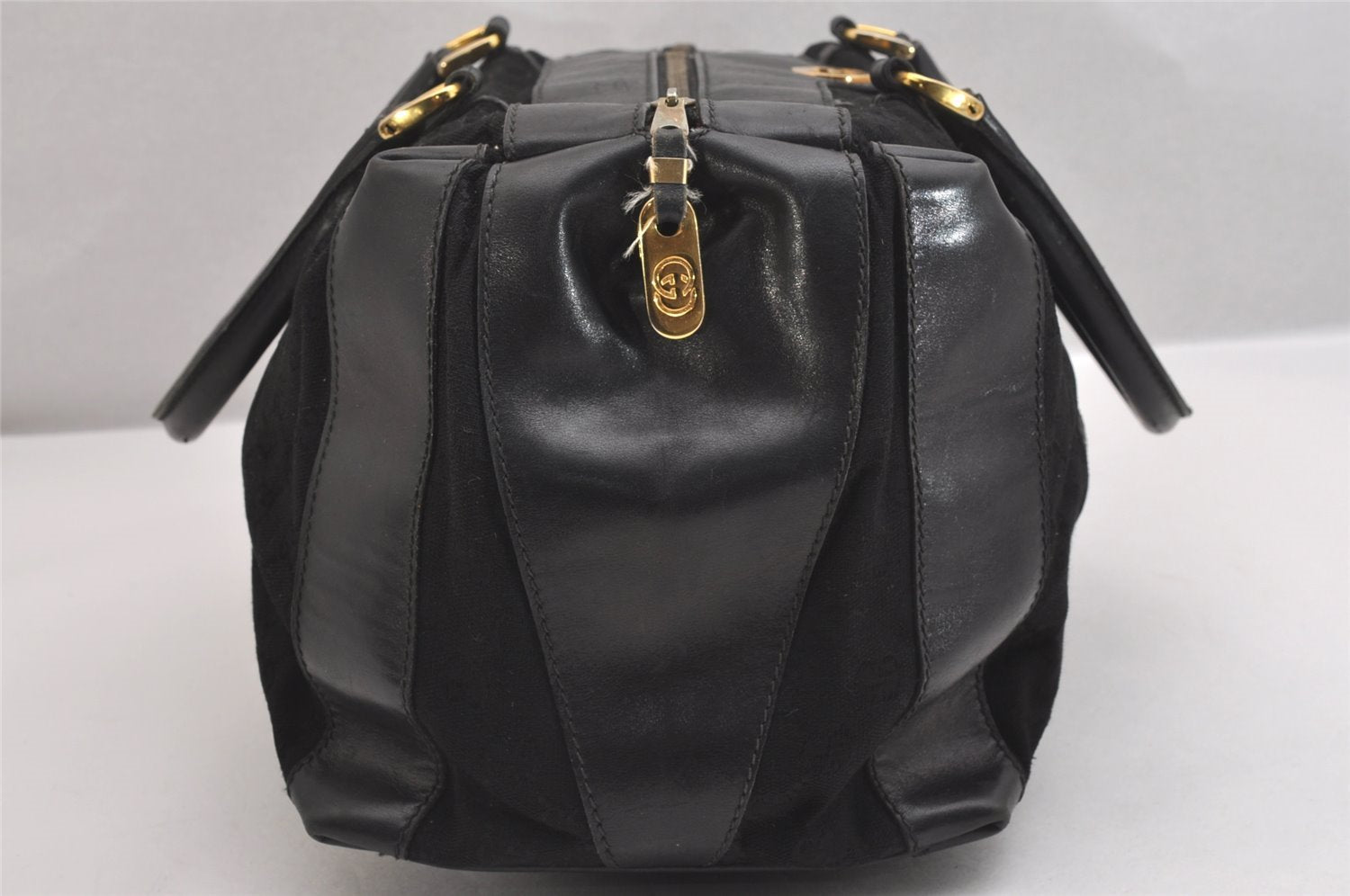 Authentic GUCCI Vintage Hand Boston Bag GG Canvas Leather Black 1957I