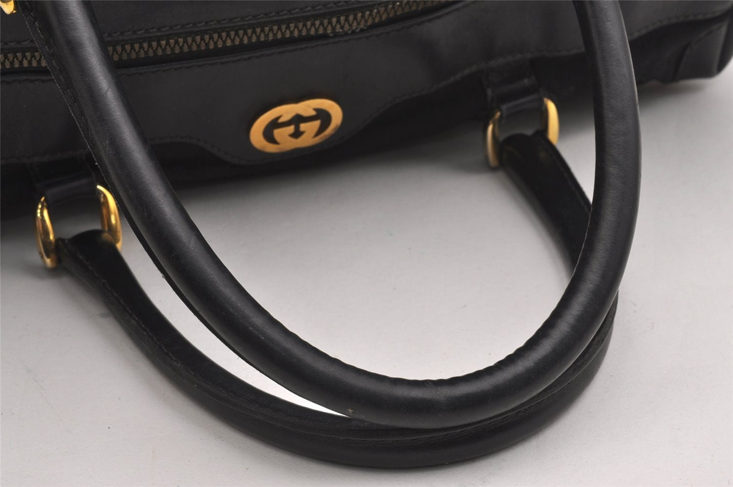 Authentic GUCCI Vintage Hand Boston Bag GG Canvas Leather Black 1957I