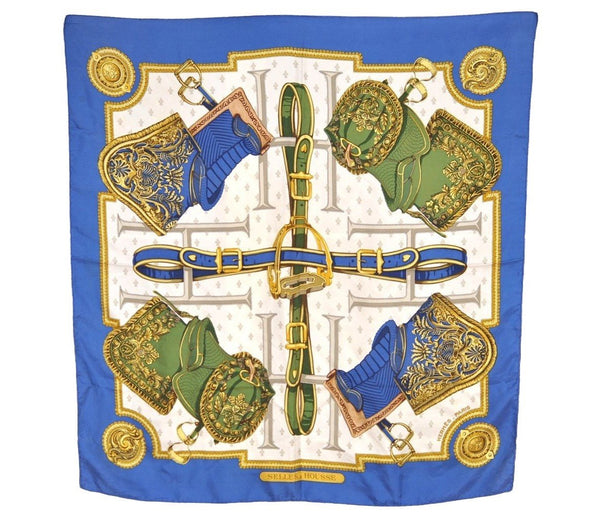 Authentic HERMES Carre 90 Scarf "SELLES A HOUSSE" Silk Blue 1958I