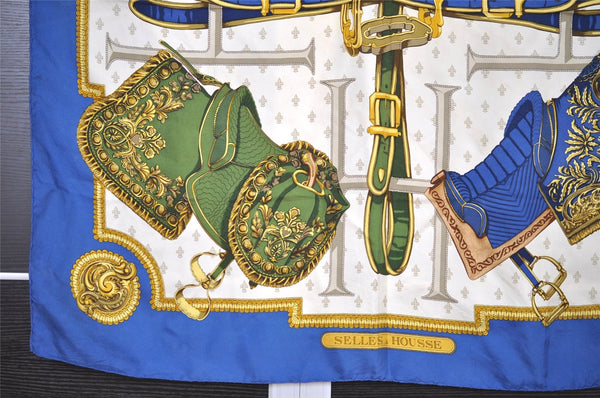 Authentic HERMES Carre 90 Scarf "SELLES A HOUSSE" Silk Blue 1958I