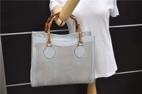 Authentic GUCCI Bamboo Tote Hand Bag Suede Leather Light Blue Junk 1969D