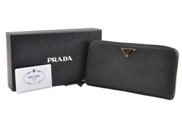 Authentic PRADA Saffiano Metal Leather Long Wallet Purse 1M0506 Black Box 1972G