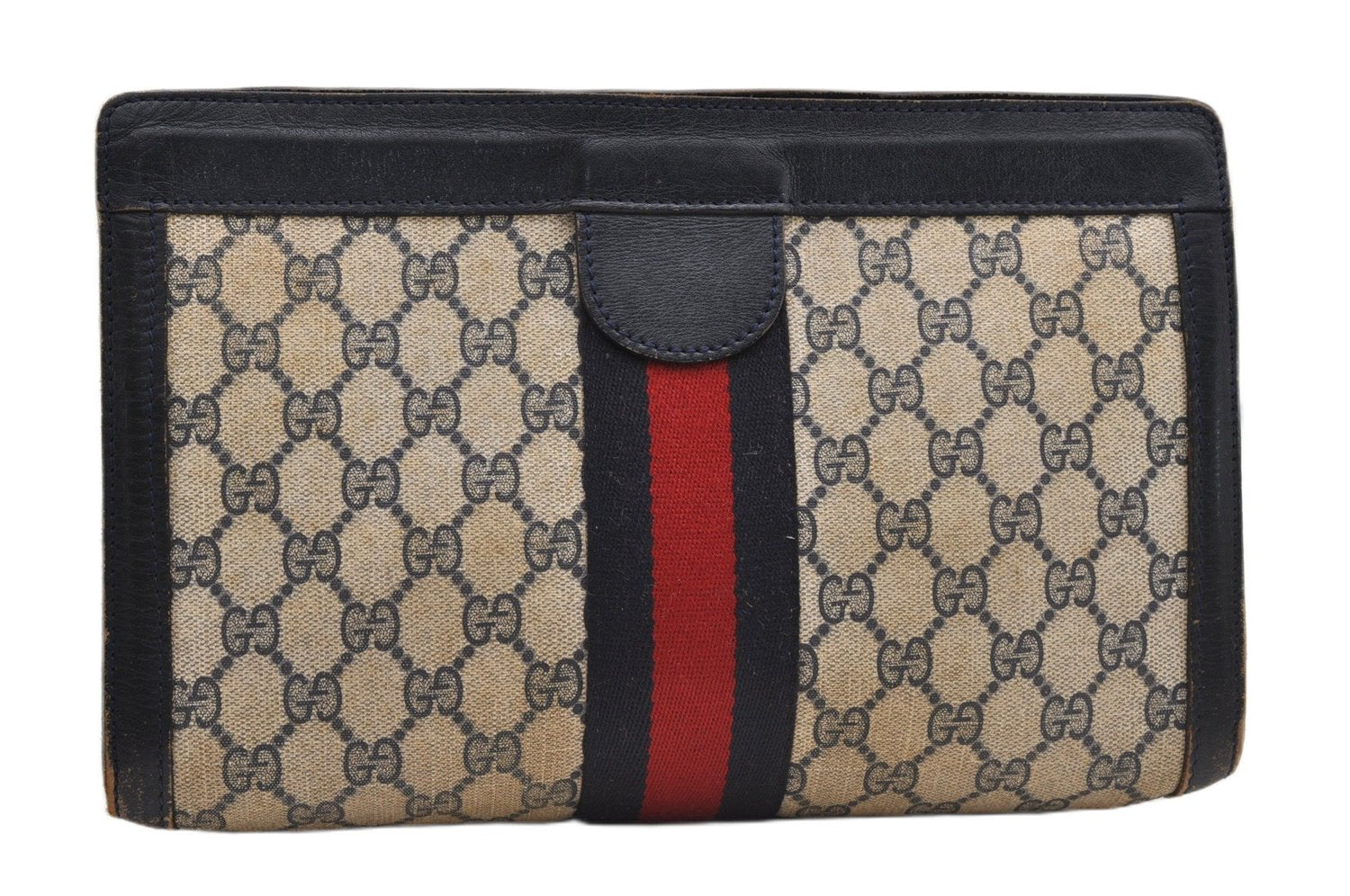 Authentic GUCCI Sherry Line Clutch Hand Bag Purse GG PVC Leather Navy Blue 1977G