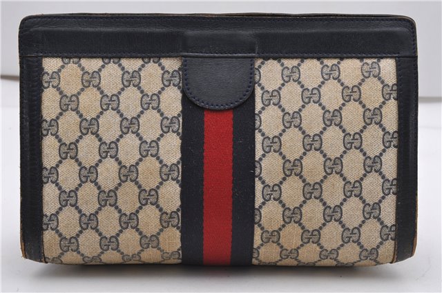 Authentic GUCCI Sherry Line Clutch Hand Bag Purse GG PVC Leather Navy Blue 1977G