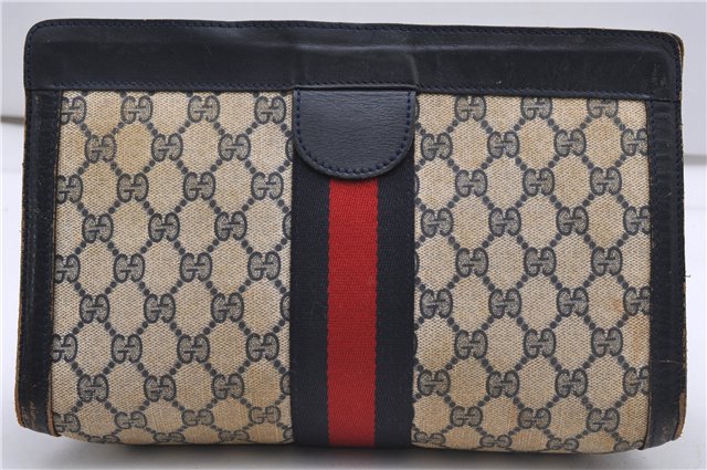 Authentic GUCCI Sherry Line Clutch Hand Bag Purse GG PVC Leather Navy Blue 1977G