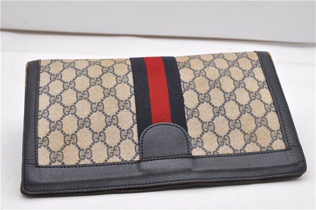 Authentic GUCCI Sherry Line Clutch Hand Bag Purse GG PVC Leather Navy Blue 1977G
