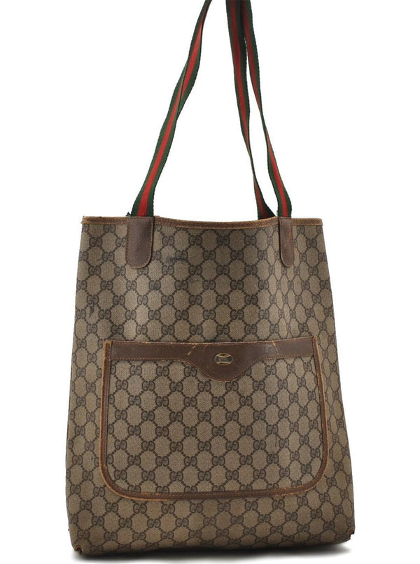 Authentic GUCCI Web Sherry Line Shoulder Tote Bag GG PVC Leather Brown 1990D