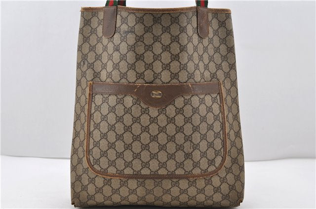 Authentic GUCCI Web Sherry Line Shoulder Tote Bag GG PVC Leather Brown 1990D